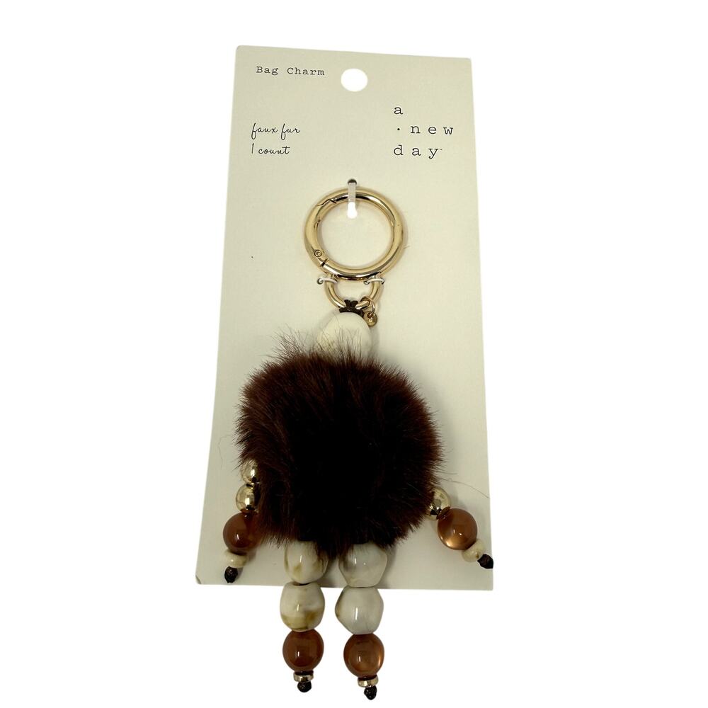 A New Day Faux Fur Bag Charm Brown Pom Pom Beaded Keychain Purse Charm NWT